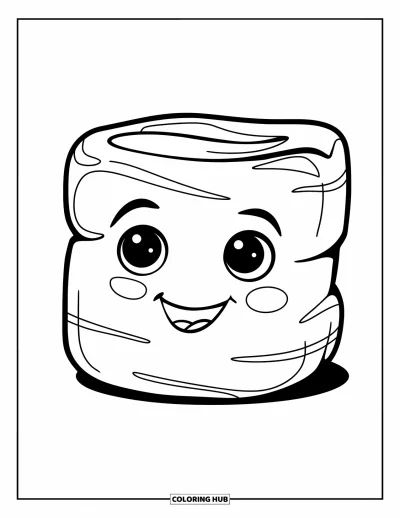 Desenho de marshmallow para colorir para crianças: Um marshmallow alegre com olhos grandes e um sorriso largo está sentado feliz