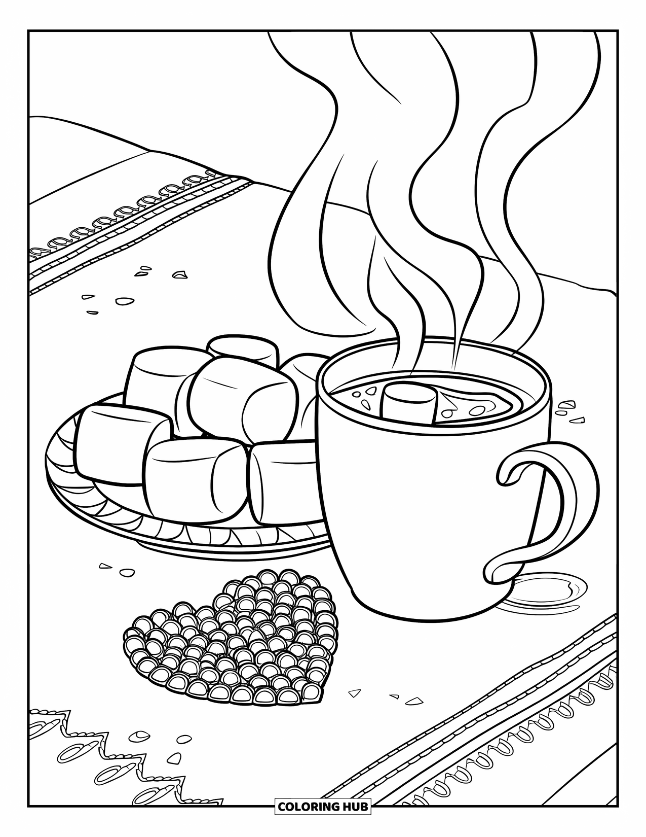 Marshmallow Coloring Page for Kids: A cocoa mug and marshmallows sit beside a heart of chocolate chips