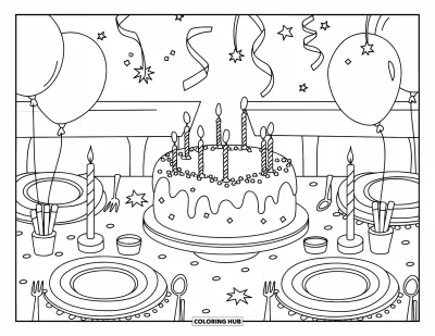 Desenho de marshmallow para colorir para crianças: Uma mesa decorada com bolo de marshmallow, balões e velas