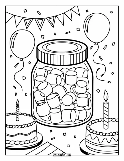 Desenho de marshmallow para colorir para crianças: Um pote festivo de marshmallows cercado por faixas de festa e bolo