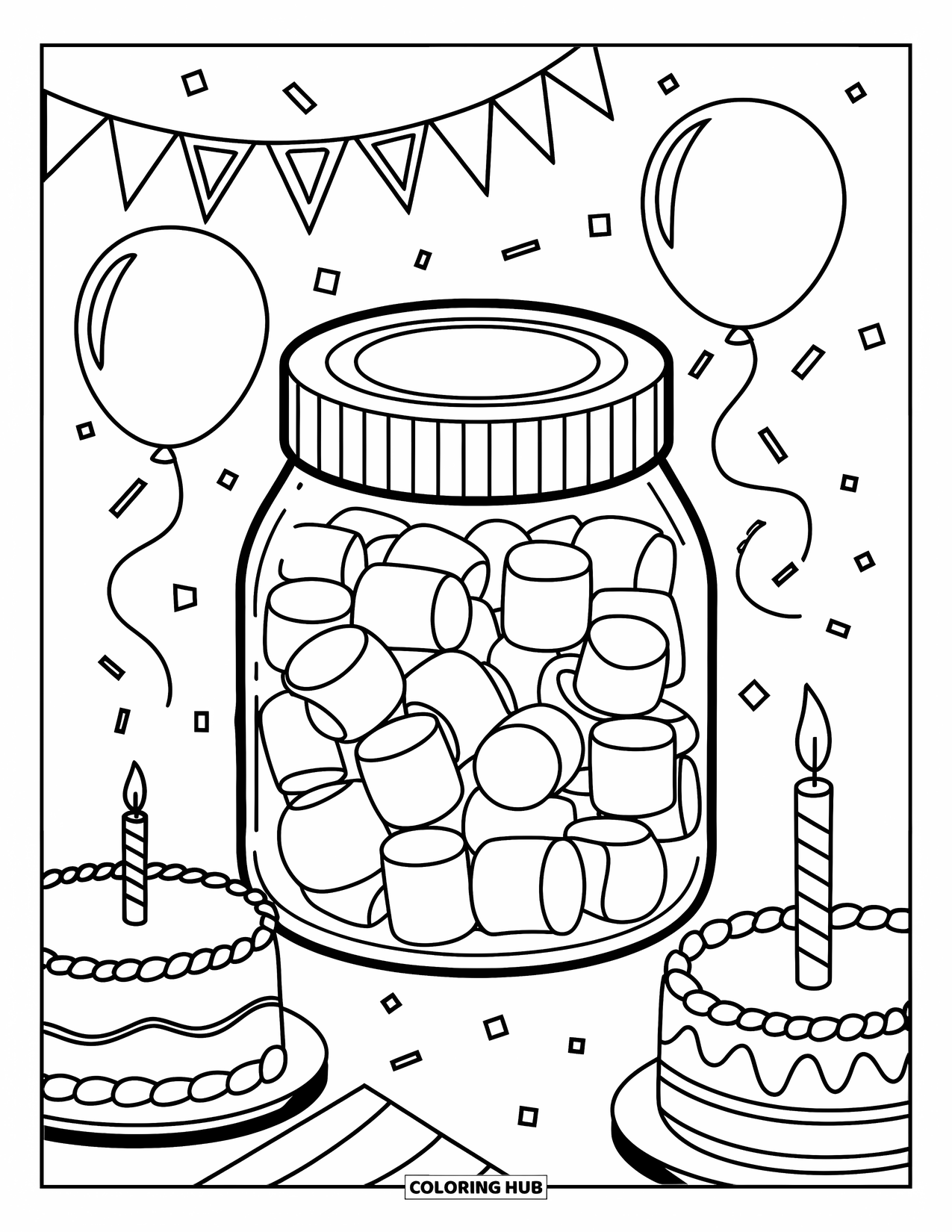 Marshmallow Coloring Page for Kids: A festive jar of marshmallows surrounded by party banners and cake