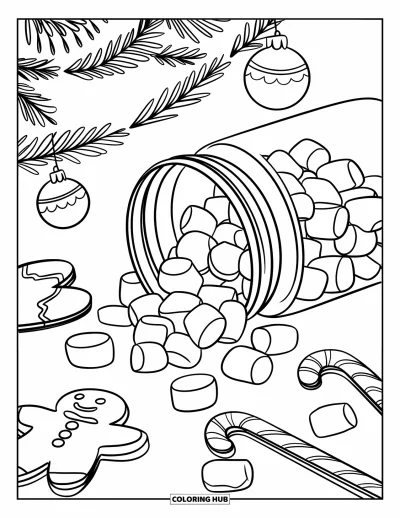 Desenho de marshmallow para colorir para crianças: Um pote festivo derrama marshmallows ao lado de bengalas de Natal e enfeites