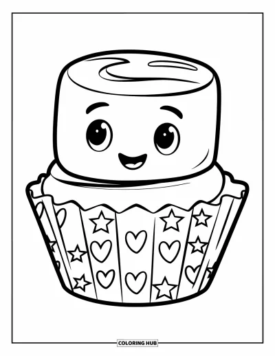 Desenho de marshmallow para colorir para crianças: Um marshmallow feliz descansa em uma forminha de cupcake decorada com corações e estrelas