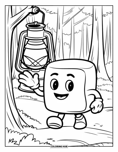 Desenho de marshmallow para colorir para crianças: Um marshmallow feliz acena perto de uma lanterna pendurada entre árvores altas