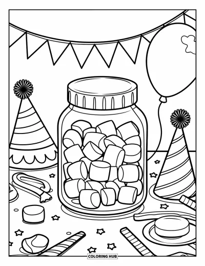 Desenho de marshmallow para colorir para crianças: Um pote de marshmallows está em uma mesa de festa com balões e uma faixa decorativa