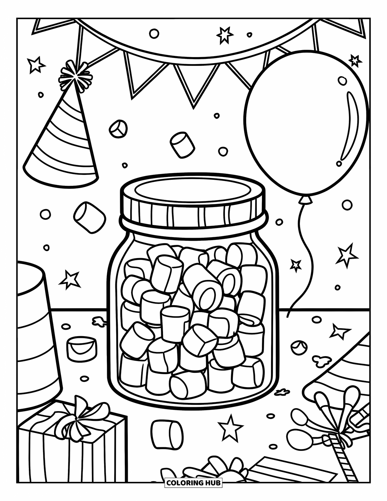 Marshmallow Coloring Page for Kids: A jar of marshmallows sits on a table with birthday decorations
