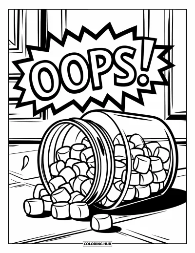 Desenho de marshmallow para colorir para crianças: Um pote derrama marshmallows no chão com uma bolinha de fala com "Oops!"
