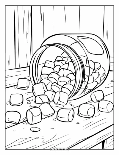 Desenho de marshmallow para colorir para crianças: Um pote tomba sobre uma mesa, espalhando marshmallows por todo lado