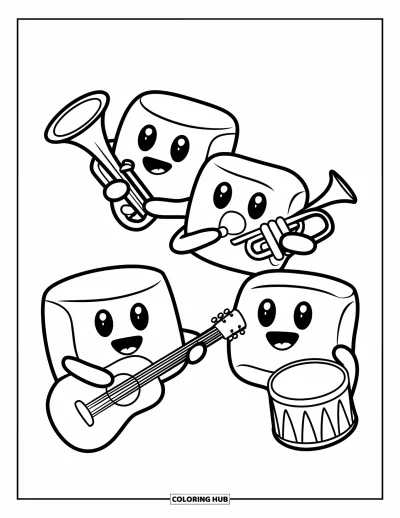 Desenho de marshmallow para colorir para crianças: Uma banda de marshmallows se apresenta com violão, trompete e bateria