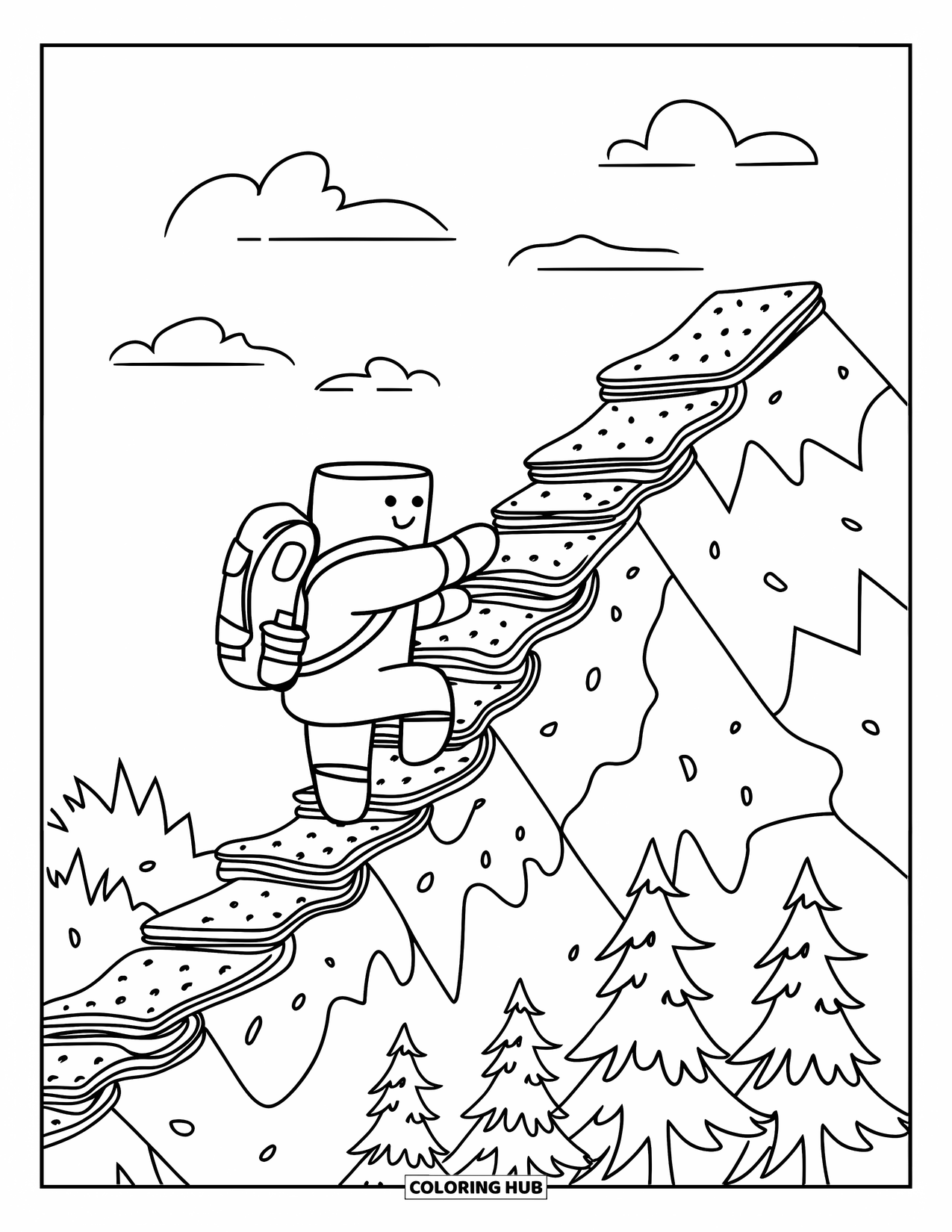 Marshmallow Coloring Page for Kids: A marshmallow climbs a graham cracker mountain lined with pine trees