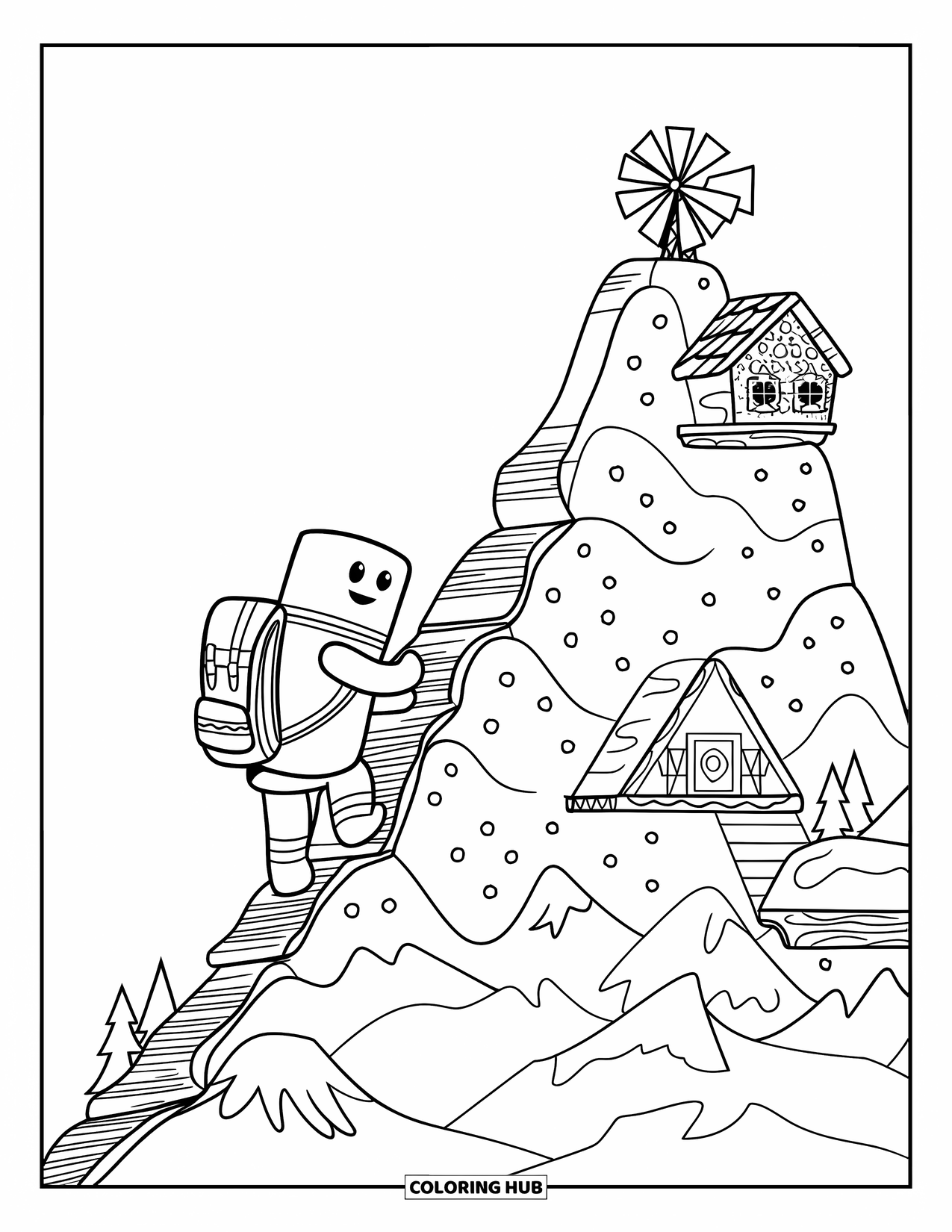 Marshmallow Coloring Page for Kids: A marshmallow hiker scales a graham cracker mountain with a cabin