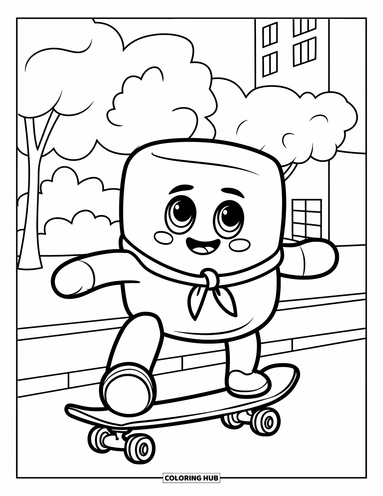 Marshmallow Coloring Page for Kids: A marshmallow skater rides near trees and buildings with excitement