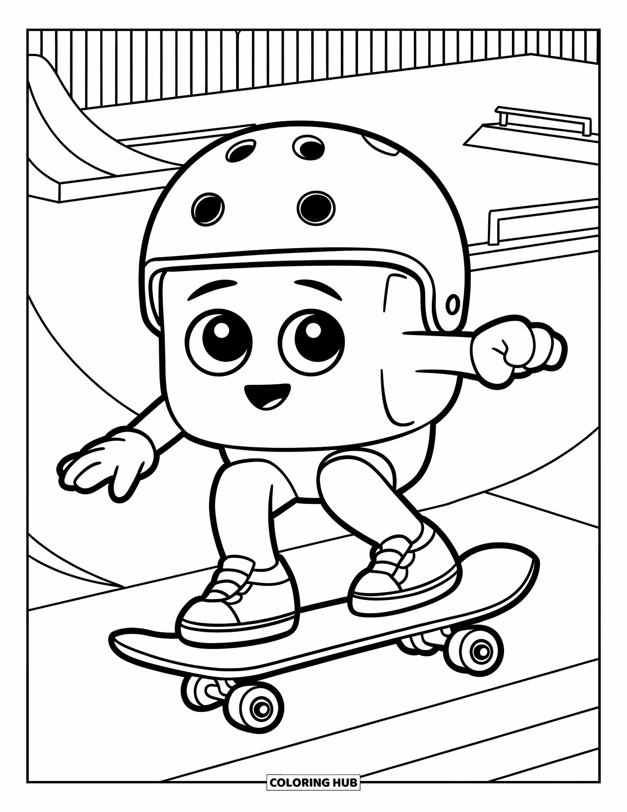 Marshmallow Coloring Page for Kids: A marshmallow skater rides through a park wearing a helmet