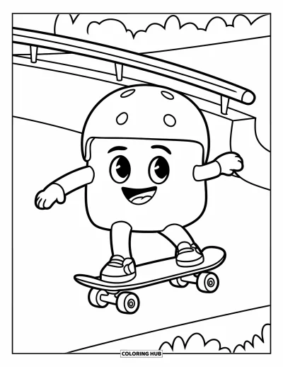 Desenho de marshmallow para colorir para crianças: Um marshmallow patina em uma rampa usando capacete e um sorriso animado