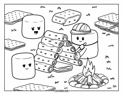 Desenho de marshmallow para colorir para crianças: Um marshmallow de capacete constrói uma cabana de toras ao lado de uma fogueira