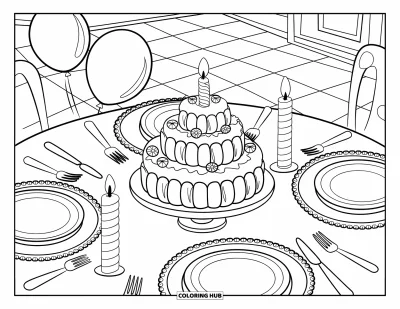 Desenho de marshmallow para colorir para crianças: Uma mesa de festa exibe um bolo de marshmallow com balões e velas