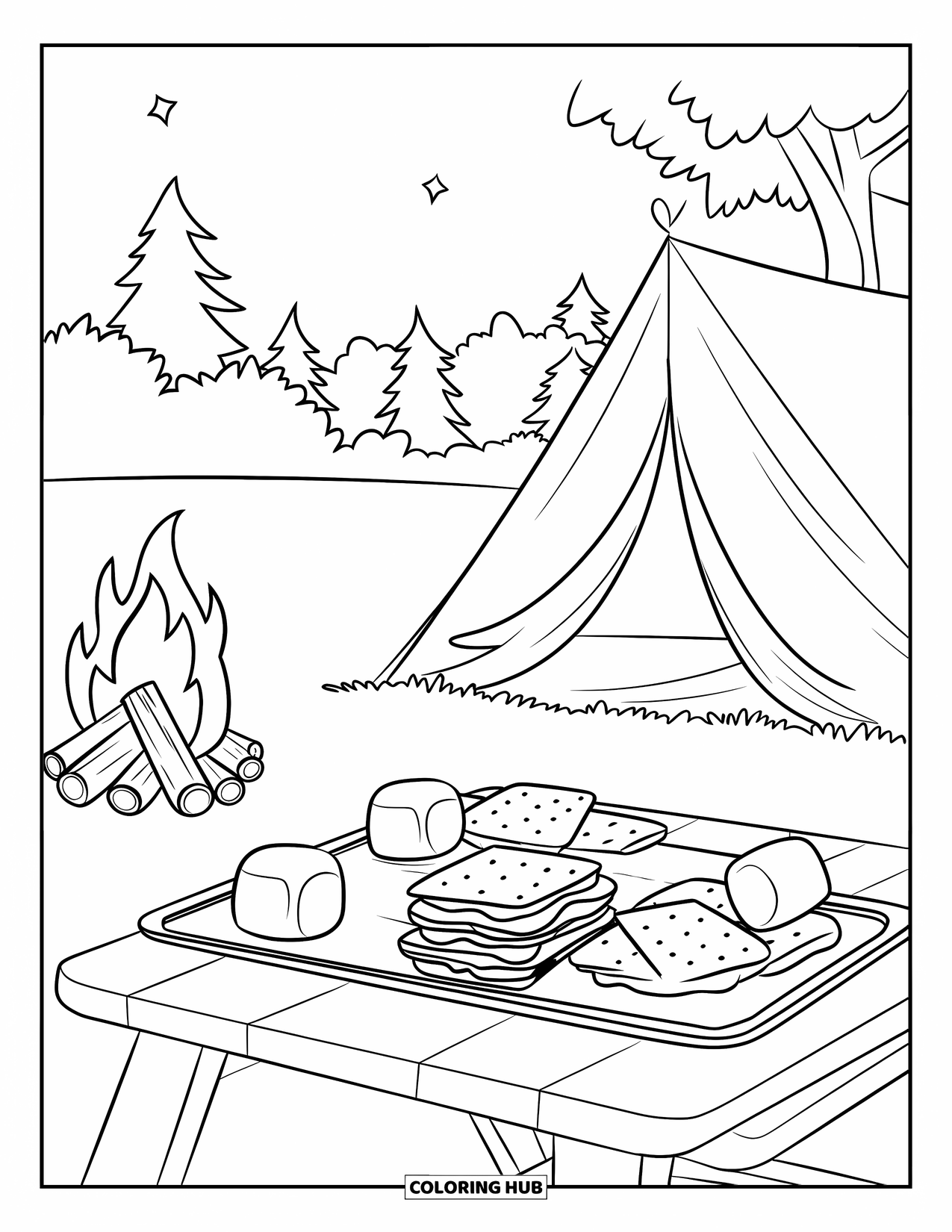 Marshmallow Coloring Page for Kids: A picnic table holds marshmallows and chocolate beside a campfire