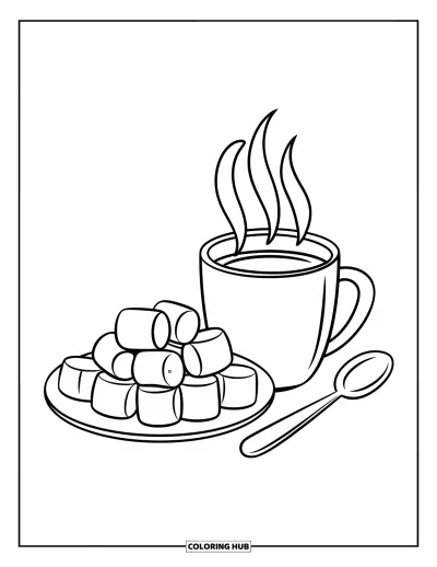 Desenho de marshmallow para colorir para crianças: Um prato de marshmallows está ao lado de uma caneca quentinha de chocolate