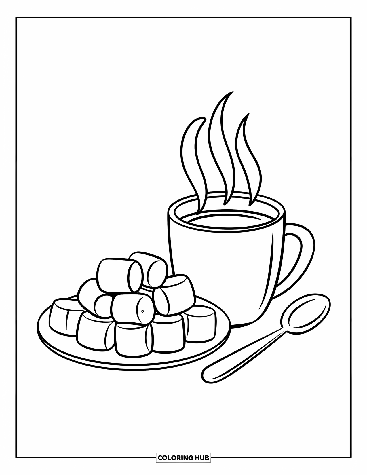Marshmallow Coloring Page for Kids: A plate of marshmallows sits beside a warm cocoa mug