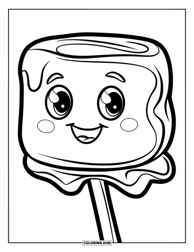 Desenho de marshmallow para colorir para crianças: Um marshmallow sorridente em um palito com detalhes de gotas de chocolate
