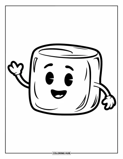 Desenho de marshmallow para colorir para crianças: Um marshmallow sorridente acena com bracinhos