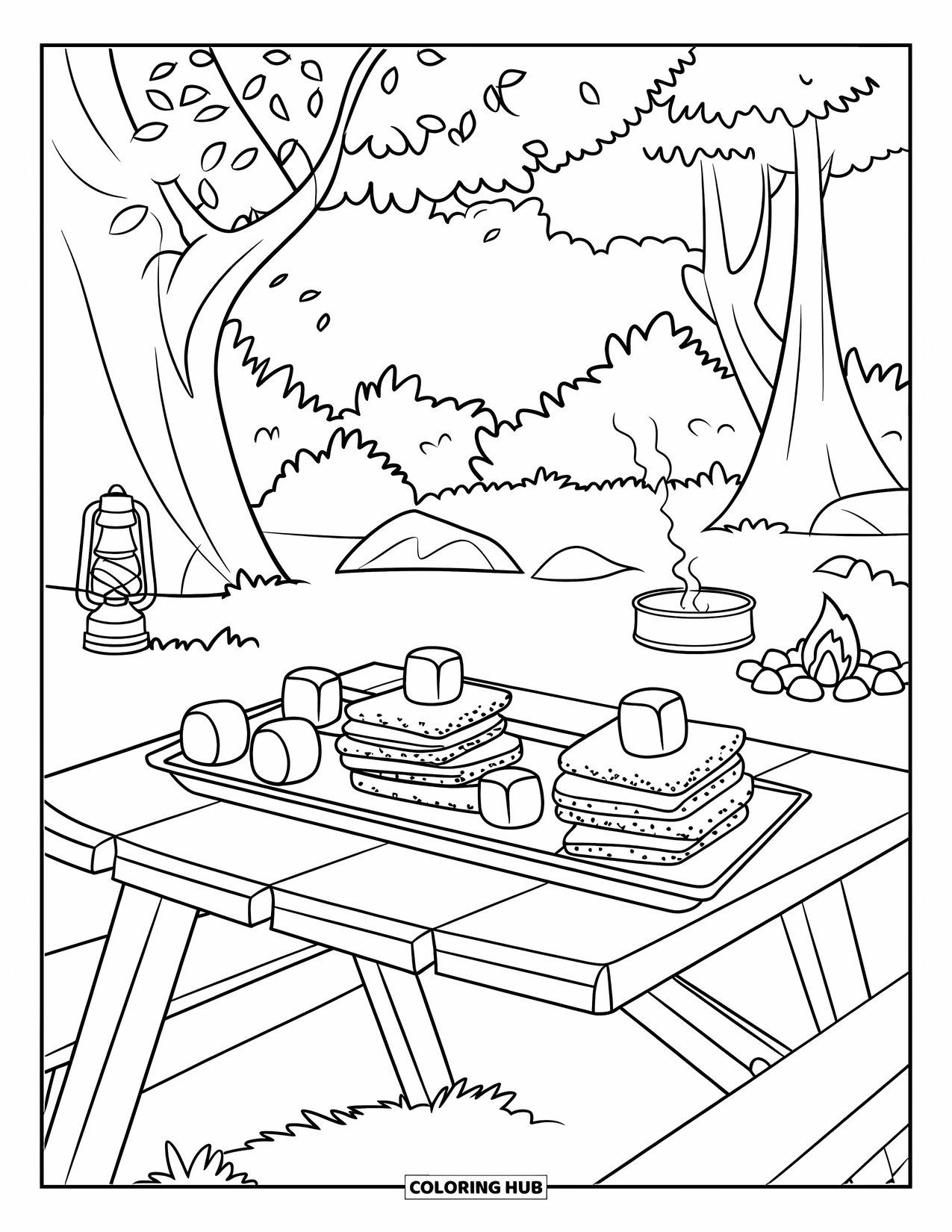 Marshmallow Coloring Page for Kids: A s'mores picnic scene with marshmallows, lantern, and steaming pot