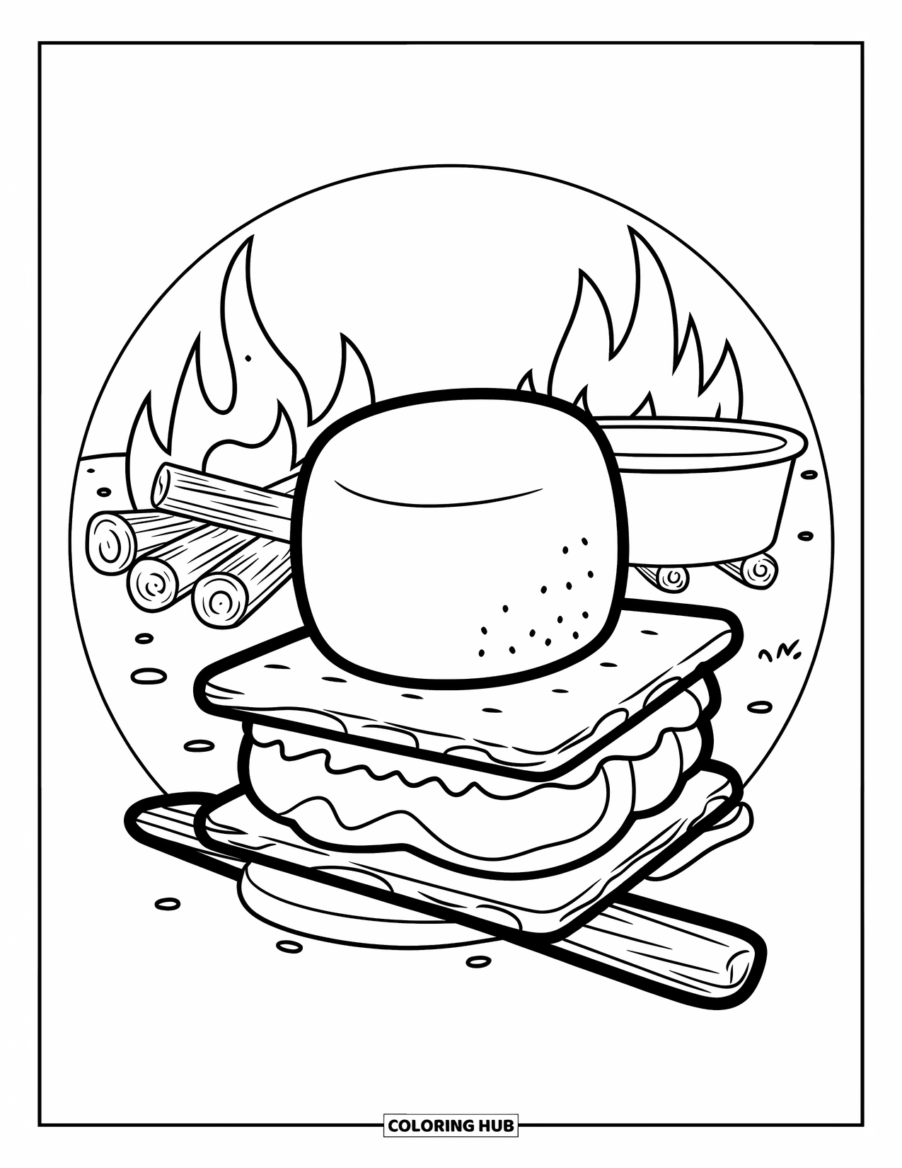 Marshmallow Coloring Page for Kids: A s'mores stack on a stick near a campfire with logs and a pot