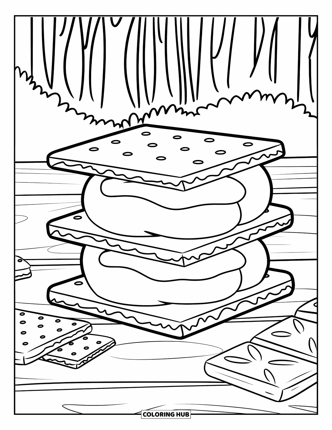 Marshmallow Coloring Page for Kids: A s'mores stack rests on wood near trees and extra chocolate bars