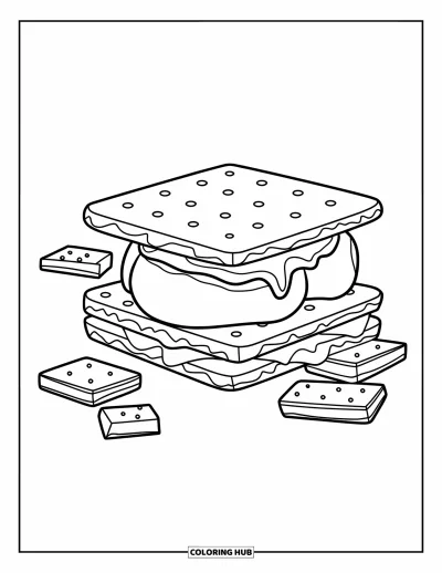 Desenho de marshmallow para colorir para crianças: Uma pilha de s'mores cercada de chocolate e biscoitos graham espalhados