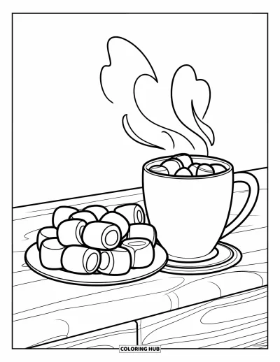 Desenho de marshmallow para colorir para crianças: Uma caneca fumegante de chocolate ao lado de um prato de marshmallows em uma mesa