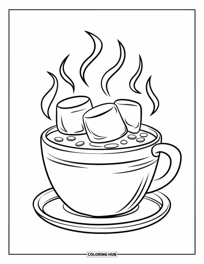Desenho de marshmallow para colorir para crianças: Uma caneca fumegante de chocolate quente coberta com marshmallows fofos e gotas de chocolate