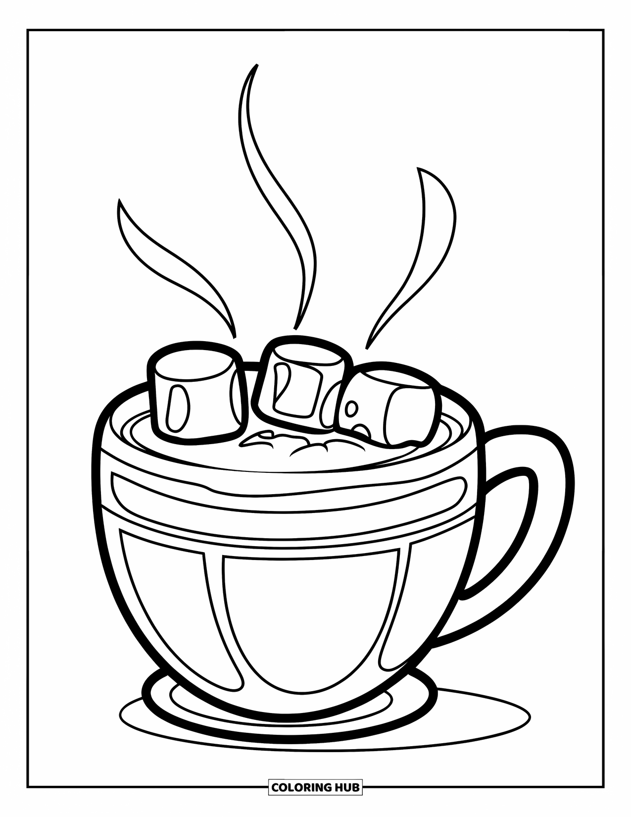 Marshmallow Coloring Page for Kids: A warm mug of cocoa with three marshmallows floating on top