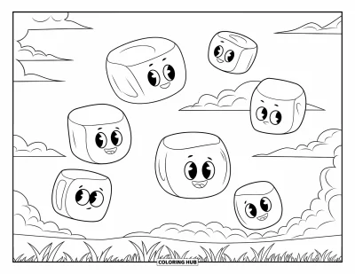 Desenho de marshmallow para colorir para crianças: Marshmallows animados flutuam no céu acima de um campo verdejante