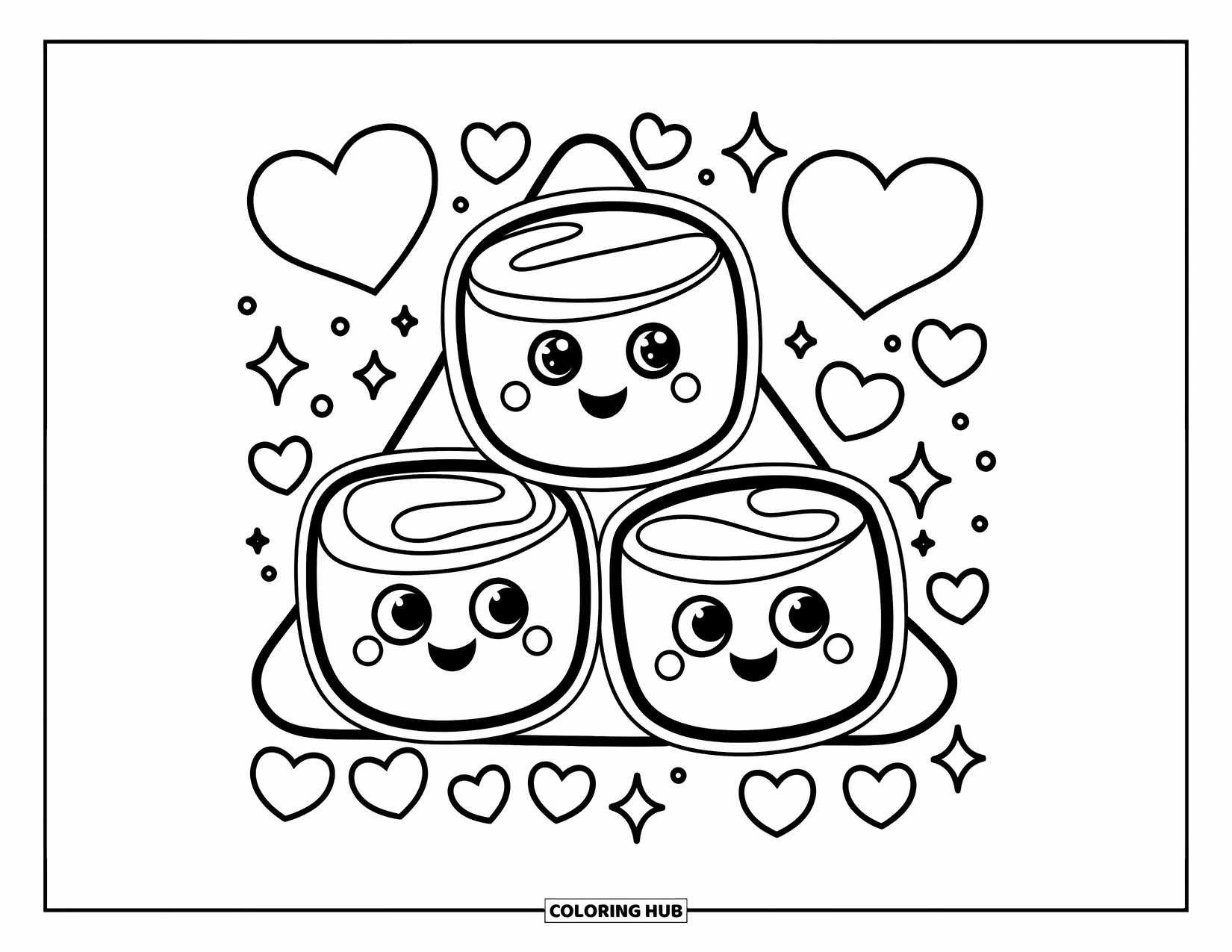 Marshmallow Coloring Page for Kids: Cheerful marshmallows with smiles surrounded by hearts and sparkles
