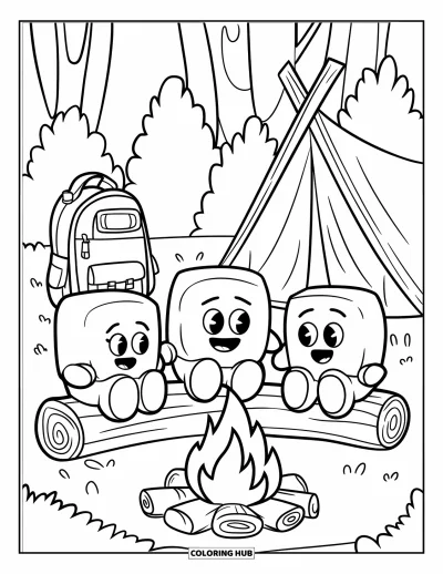 Desenho de marshmallow para colorir para crianças: Amigos marshmallows trocam histórias ao redor de uma fogueira acolhedora com uma barraca por perto