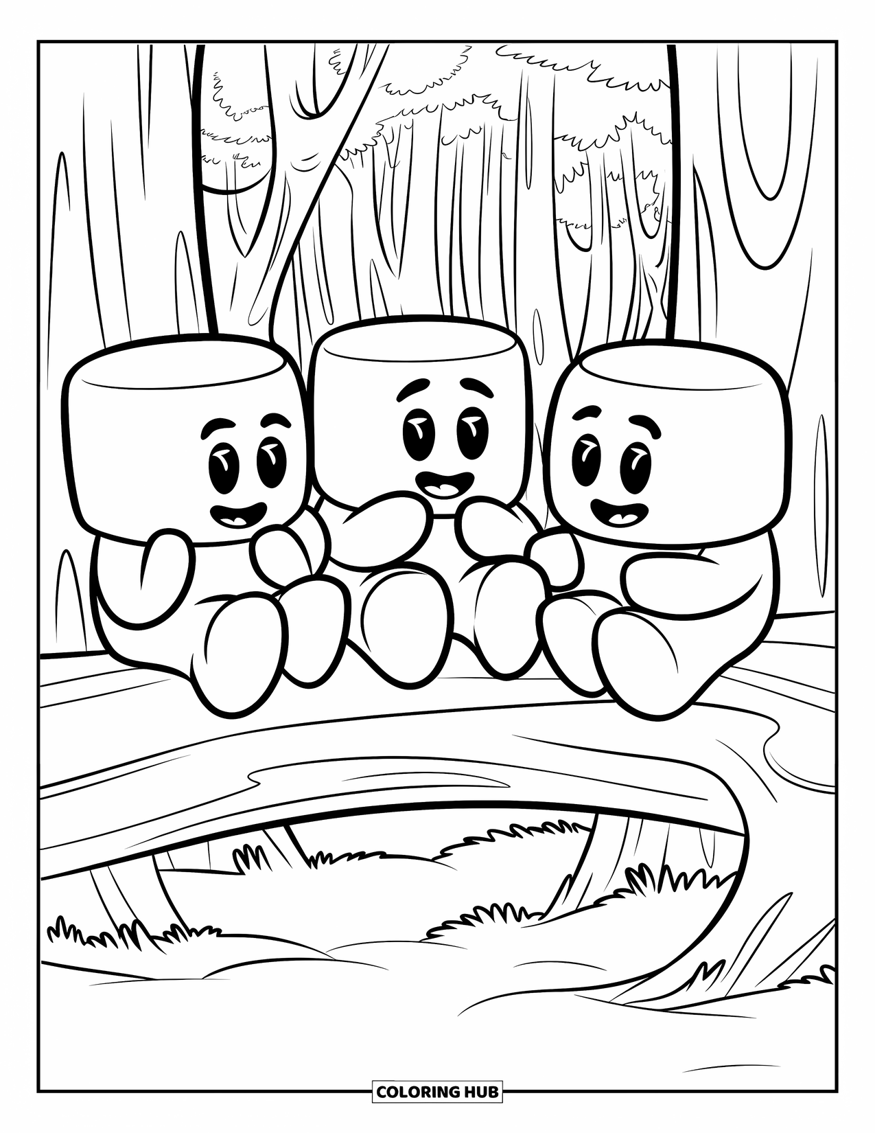 Marshmallow Coloring Page for Kids: Marshmallow friends sit together on a log in the forest