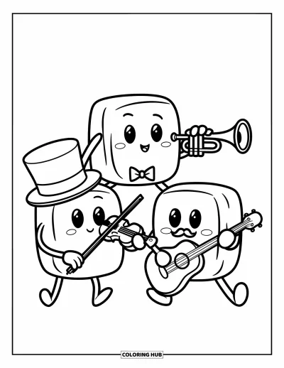 Desenho de marshmallow para colorir para crianças: Marshmallows músicos tocam instrumentinhos juntos num palco
