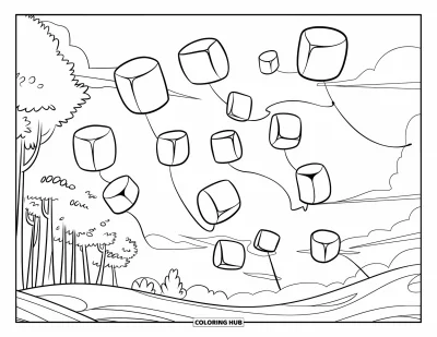 Desenho de marshmallow para colorir para crianças: Marshmallows flutuam acima das árvores sob um céu tranquilo com nuvens