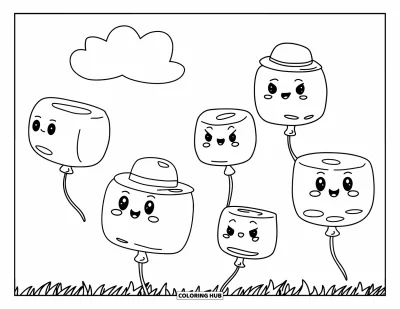 Desenho de marshmallow para colorir para crianças: Marshmallows flutuam como balões sobre campos gramados e nuvens