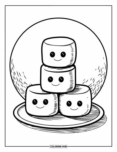 Desenho de marshmallow para colorir para crianças: Marshmallows sorridentes formam uma torre em cima de um prato