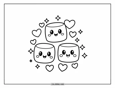 Desenho de marshmallow para colorir para crianças: Três marshmallows fofos sentados juntos cercados de corações e brilhos