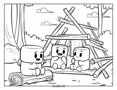 Desenho de marshmallow para colorir para crianças: Três amigos marshmallows constroem um pequeno forte perto de árvores altas