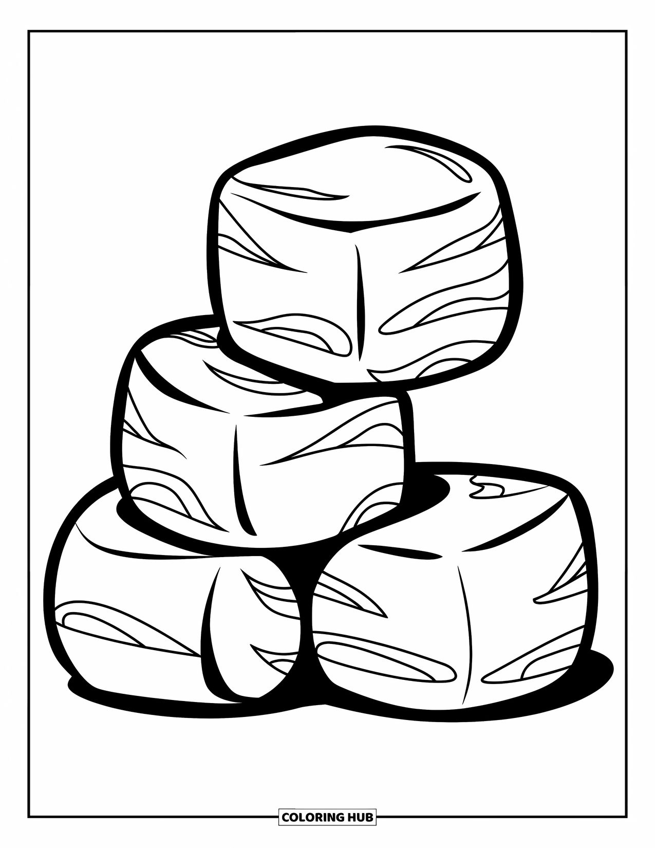 Marshmallow Coloring Page for Kids: Three marshmallows form a playful little tower with cheerful expressions