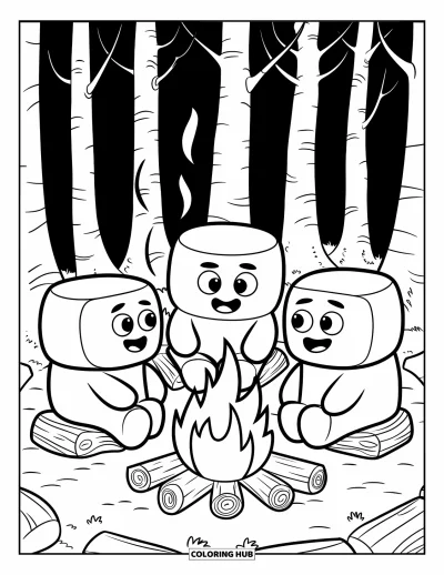 Desenho de marshmallow para colorir para crianças: Três marshmallows sentados em círculo ao redor do fogo sob árvores altas