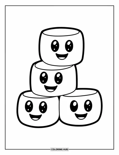 Desenho de marshmallow para colorir para crianças: Três marshmallows empilhados formam uma torre feliz com formas divertidas