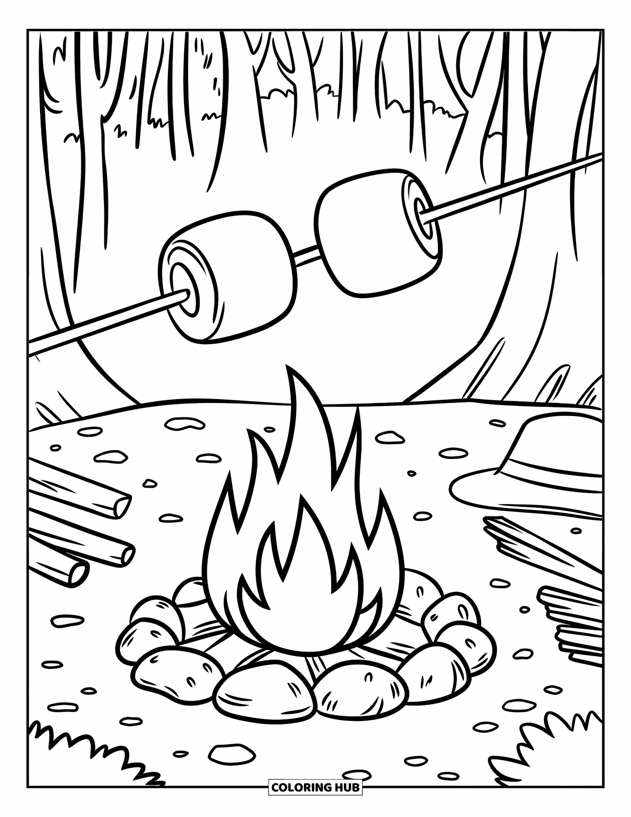 Marshmallow Coloring Page for Kids: Two marshmallows roast above a fire surrounded by rocks and trees