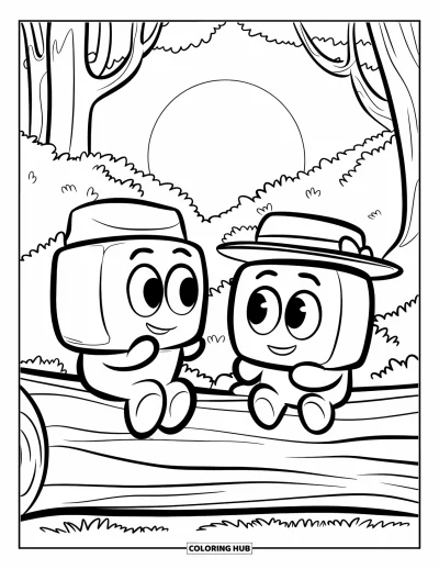 Desenho de marshmallow para colorir para crianças: Dois marshmallows sentados em um tronco trocam histórias ao pôr do sol