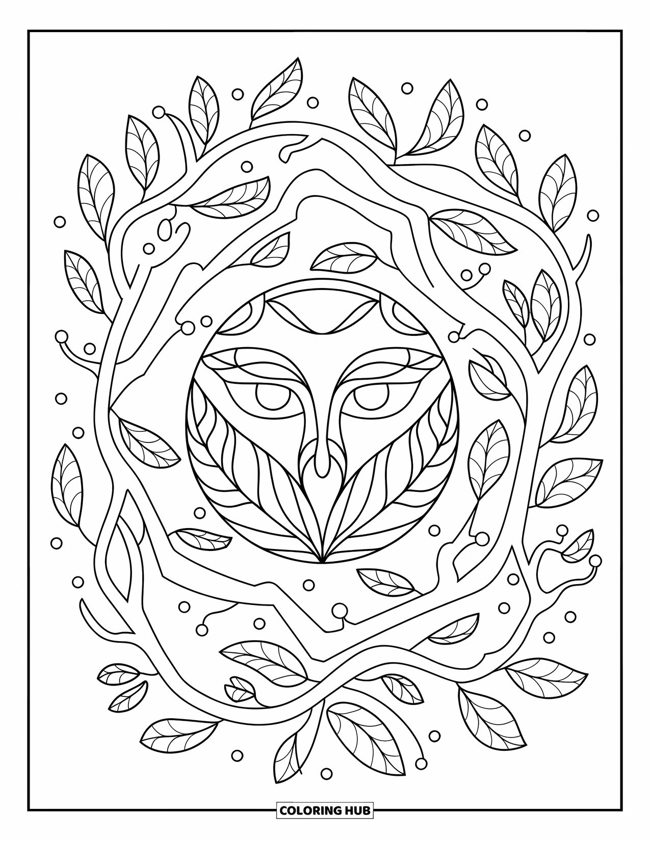 Mask Coloring Page for Adults: A circular mask surrounded by intertwined branches and leaves