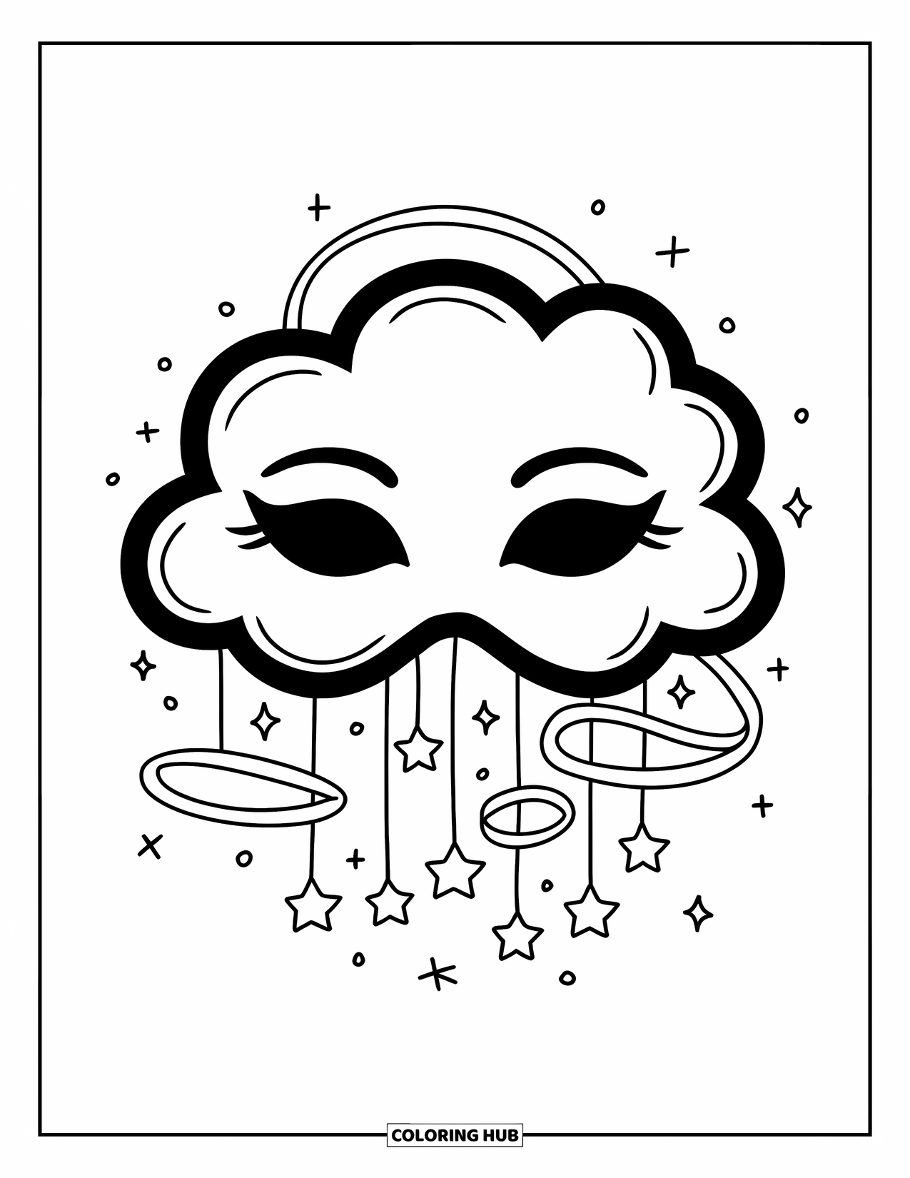 Mask Coloring Page for Adults: A cloud-shaped mask surrounded by hanging stars and ribbon loops