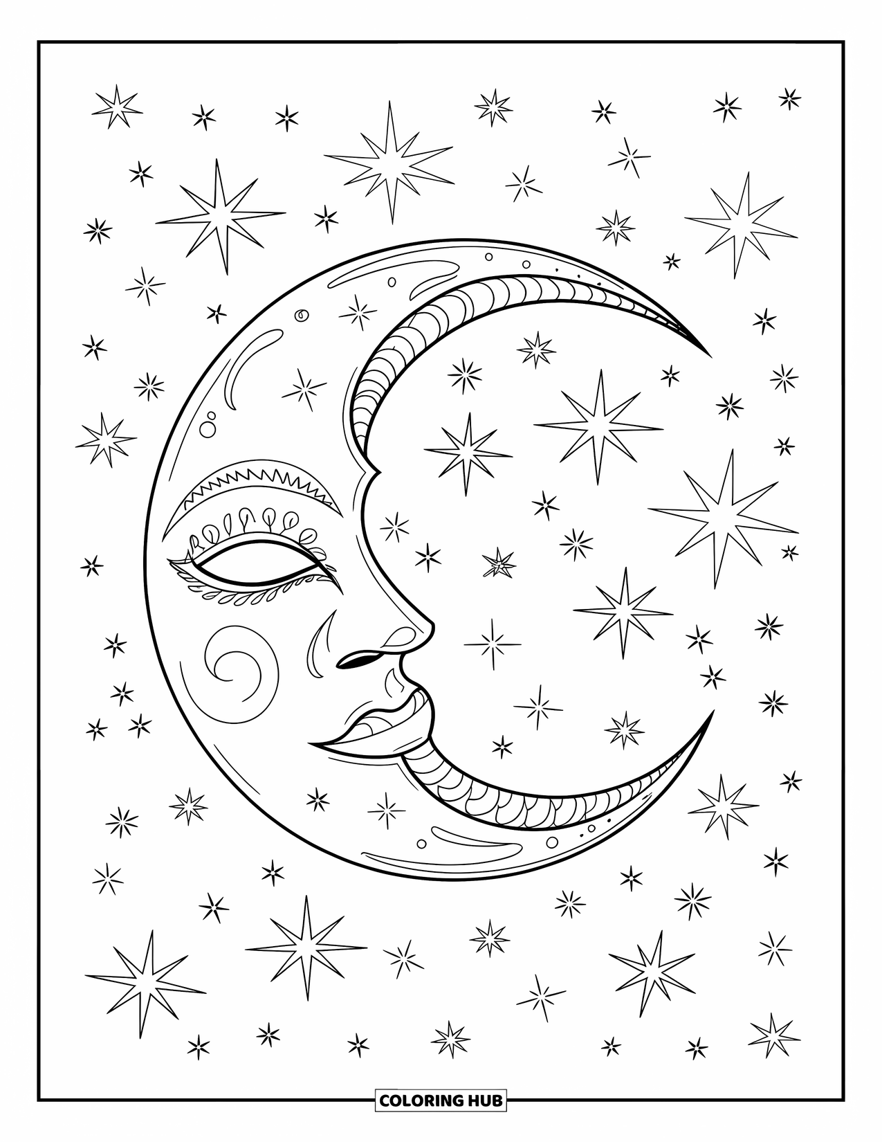 Mask Coloring Page for Adults: A crescent moon mask surrounded by stars and clouds